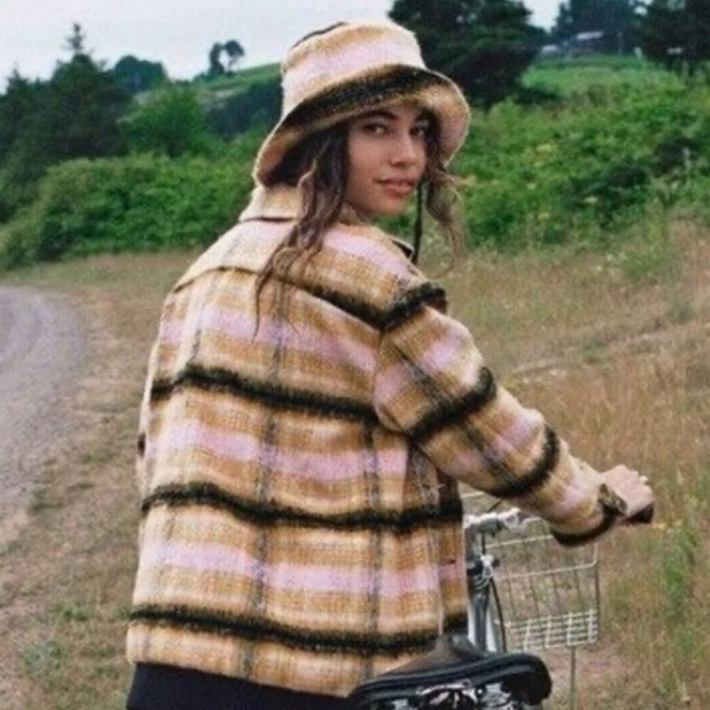 For Love and Lemons Rachel Wool Blend Plaid Bucket Hat xs